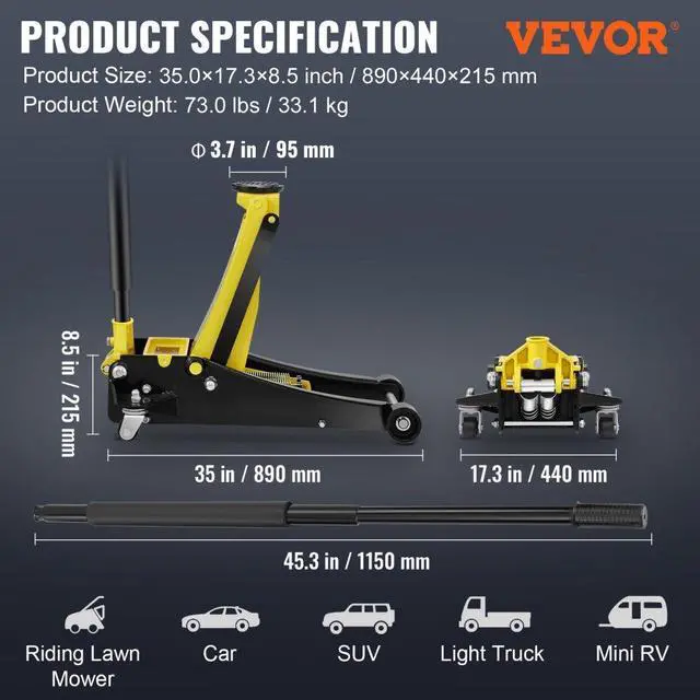 Alt view image 7 of 7 - VEVOR Floor Jack, 3 Ton Low Profile Floor Jack, Heavy-duty Steel Racing Floor Jack with Dual Pistons Quick Lift Pump, Floor Jack Lifting Range 3.35"-19.69"