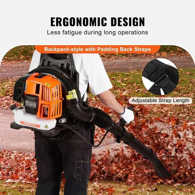 Alt view image 5 of 7 - VEVOR Backpack Leaf Blower, 52CC 2-Cycle Leaf Blower with 1.37L Fuel Tank, 480CFM Air Volume 175MPH Speed, Ideal for Lawn Care, Leaf Cleaning, and Snow Removal