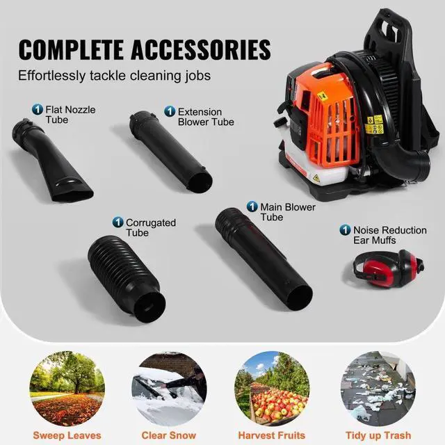 Alt view image 6 of 7 - VEVOR Backpack Leaf Blower, 52CC 2-Cycle Leaf Blower with 1.37L Fuel Tank, 480CFM Air Volume 175MPH Speed, Ideal for Lawn Care, Leaf Cleaning, and Snow Removal