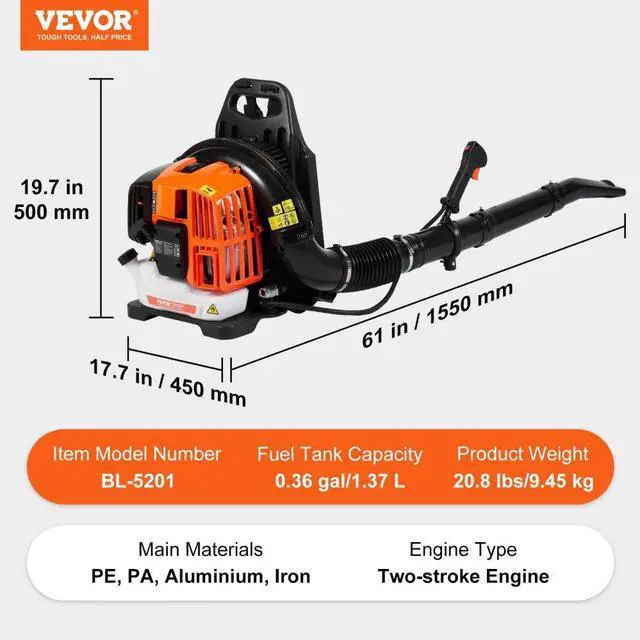 Alt view image 7 of 7 - VEVOR Backpack Leaf Blower, 52CC 2-Cycle Leaf Blower with 1.37L Fuel Tank, 480CFM Air Volume 175MPH Speed, Ideal for Lawn Care, Leaf Cleaning, and Snow Removal