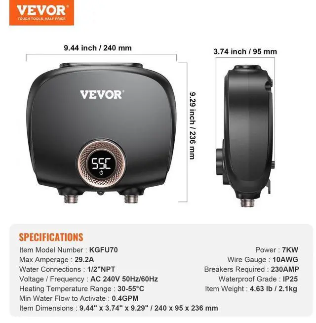 Alt view image 7 of 7 - VEVOR Tankless Water Heater Electric, 7kw On Demand Instant Under Sink Water Boiler, Digital Temperature Display & Easy Installation & 24-Hour Water Supply, For Kitchen Bathroom Faucet And Shower