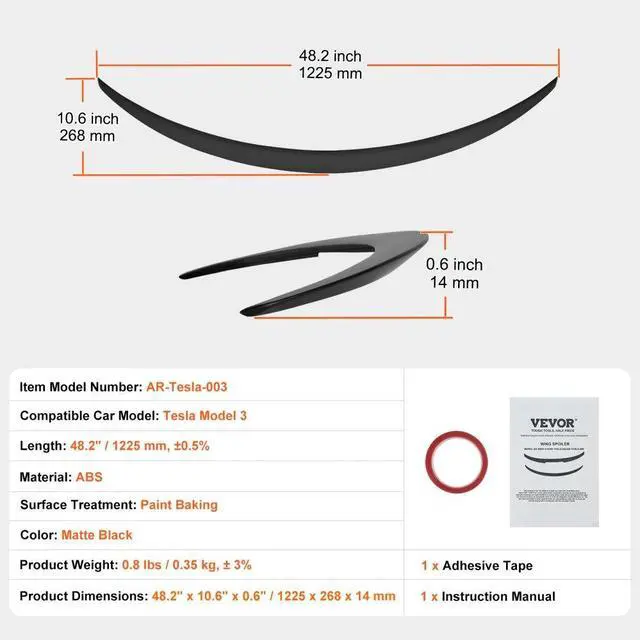 Alt view image 7 of 7 - VEVOR GT Wing Car Spoiler, 48.2 inch Spoiler, Compatible with Tesla Model 3, High Strength ABS Material, Baking Paint, Car Rear Spoiler Wing, Racing Spoilers for Cars, Matte Black