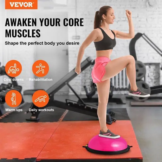 Alt view image 2 of 7 - VEVOR Half Exercise Ball Trainer, 26 inch Balance Ball Trainer, 1500lbs Capacity Stability Ball, Yoga Ball with Resistance Bands & Foot Pump, Strength Fitness Ball for Home Gym Full Body Workout, Pink