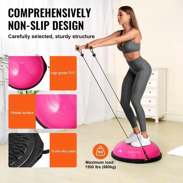 Alt view image 4 of 7 - VEVOR Half Exercise Ball Trainer, 26 inch Balance Ball Trainer, 1500lbs Capacity Stability Ball, Yoga Ball with Resistance Bands & Foot Pump, Strength Fitness Ball for Home Gym Full Body Workout, Pink