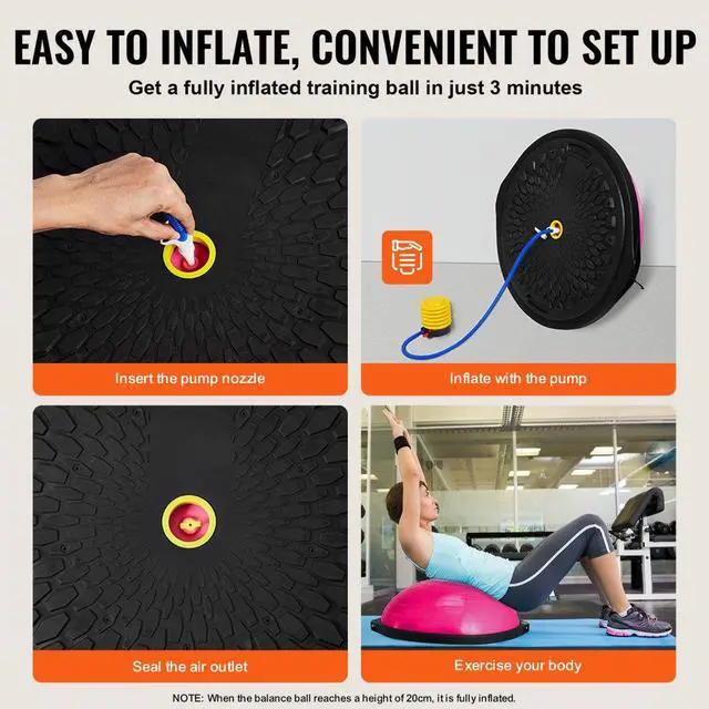 Alt view image 5 of 7 - VEVOR Half Exercise Ball Trainer, 26 inch Balance Ball Trainer, 1500lbs Capacity Stability Ball, Yoga Ball with Resistance Bands & Foot Pump, Strength Fitness Ball for Home Gym Full Body Workout, Pink
