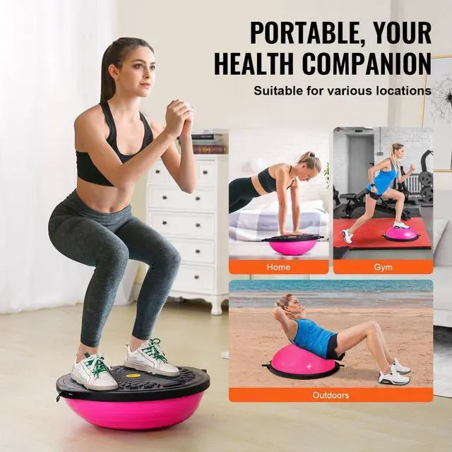 Alt view image 6 of 7 - VEVOR Half Exercise Ball Trainer, 26 inch Balance Ball Trainer, 1500lbs Capacity Stability Ball, Yoga Ball with Resistance Bands & Foot Pump, Strength Fitness Ball for Home Gym Full Body Workout, Pink