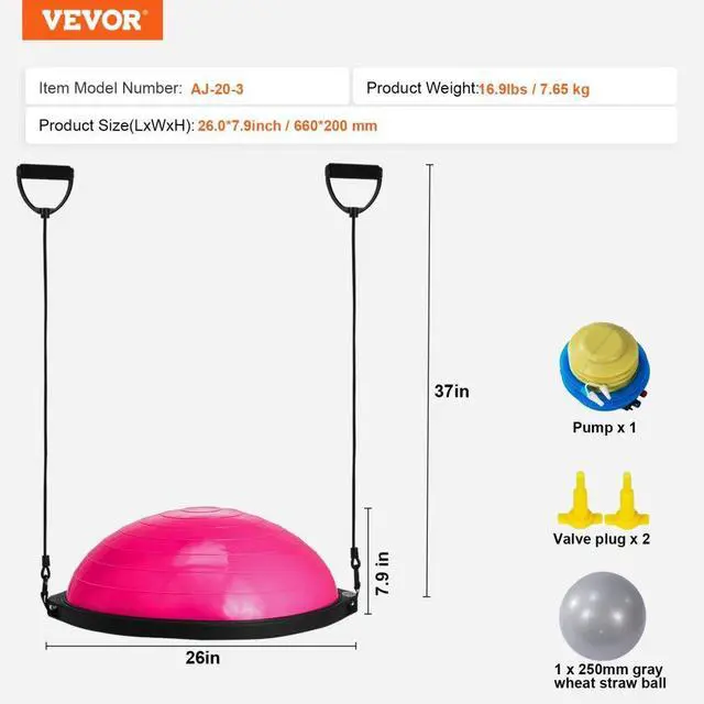 Alt view image 7 of 7 - VEVOR Half Exercise Ball Trainer, 26 inch Balance Ball Trainer, 1500lbs Capacity Stability Ball, Yoga Ball with Resistance Bands & Foot Pump, Strength Fitness Ball for Home Gym Full Body Workout, Pink