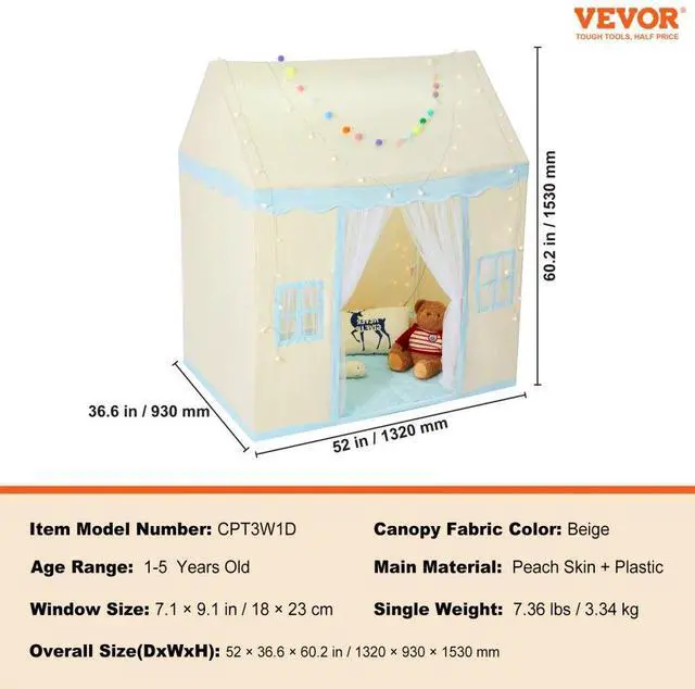 Alt view image 7 of 7 - VEVOR Kids Play Tent, Kids Tent for Kids 1-5 Years Old, Toddler Tent with Mat and Tent Lamp, Tent for Kids with Windows for Indoor and Outdoor, Play House Castle Tent for Boys and Girls, Beige