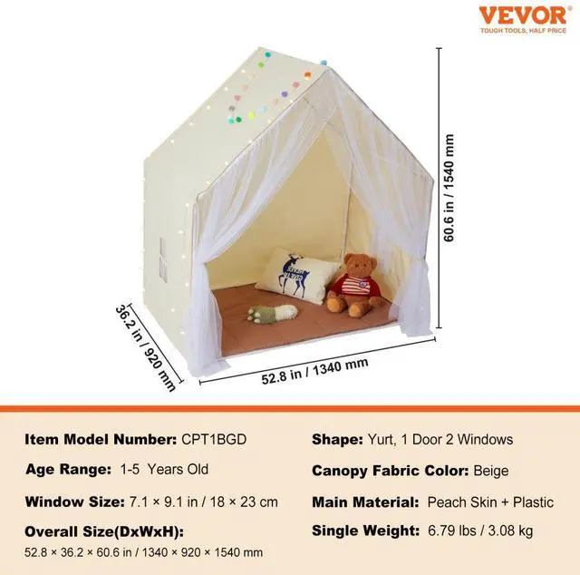 Alt view image 7 of 7 - VEVOR Kids Play Tent, Kids Tent for Kids 1-5 Years Old, Toddler Tent with Mat and Tent Lamp, Tent for Kids with Windows for Indoor and Outdoor, Yurt Tent for Boys and Girls, Beige