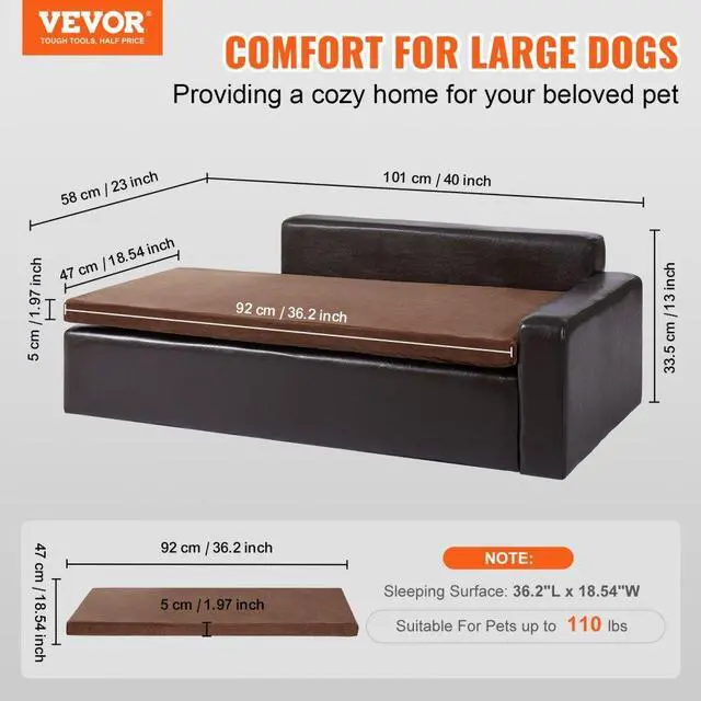 Alt view image 2 of 7 - VEVOR Pet Sofa, Dog Couch for Large-Sized Dogs and Cats, Soft Leather Dog Sofa Bed, 110 lbs Loading Cat Sofa, Brown
