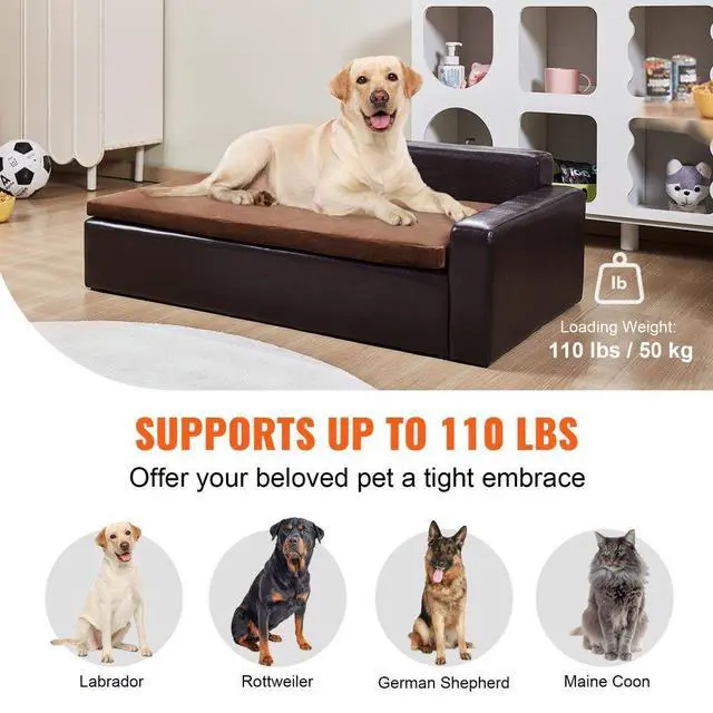 Alt view image 3 of 7 - VEVOR Pet Sofa, Dog Couch for Large-Sized Dogs and Cats, Soft Leather Dog Sofa Bed, 110 lbs Loading Cat Sofa, Brown