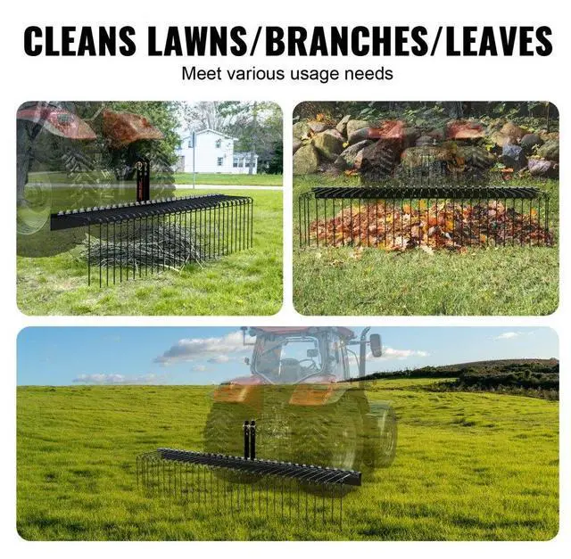 Alt view image 6 of 14 - VEVOR  Tow Behind Landscape Rake, 72" Tow Dethatcher with 32 Steel Tines, Lawn Dethatcher Rake Attaches to Category 1, 3 Point Hitch for Tractor, for Leaves, Pine Needles, Straw, and Grass