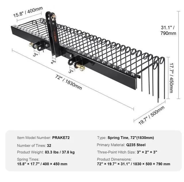 Alt view image 7 of 14 - VEVOR  Tow Behind Landscape Rake, 72" Tow Dethatcher with 32 Steel Tines, Lawn Dethatcher Rake Attaches to Category 1, 3 Point Hitch for Tractor, for Leaves, Pine Needles, Straw, and Grass