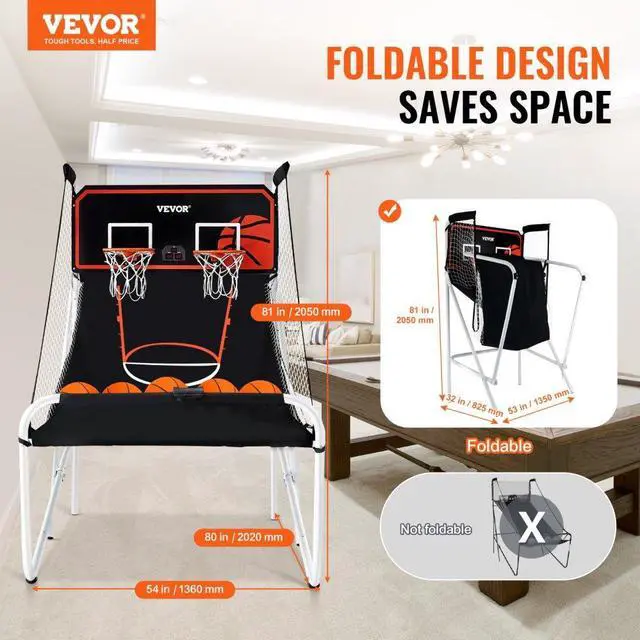 Alt view image 2 of 7 - VEVOR Foldable Basketball Arcade Game, 2 Player Indoor Basketball Game, Home Dual Shot Sport with 5 Balls, 8 Game Modes, Electronic Scoreboard, and Inflation Pump, for Kids, Adults (Black & White)