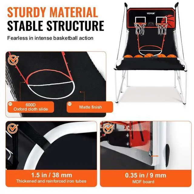Alt view image 3 of 7 - VEVOR Foldable Basketball Arcade Game, 2 Player Indoor Basketball Game, Home Dual Shot Sport with 5 Balls, 8 Game Modes, Electronic Scoreboard, and Inflation Pump, for Kids, Adults (Black & White)