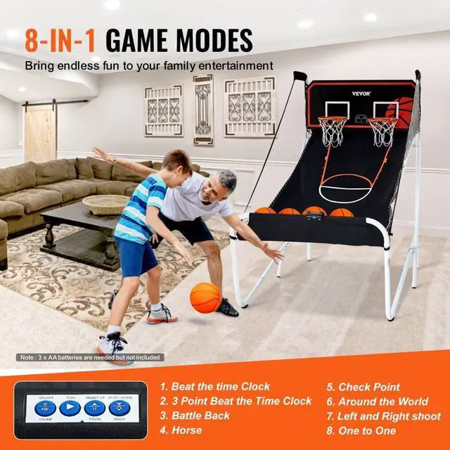 Alt view image 4 of 7 - VEVOR Foldable Basketball Arcade Game, 2 Player Indoor Basketball Game, Home Dual Shot Sport with 5 Balls, 8 Game Modes, Electronic Scoreboard, and Inflation Pump, for Kids, Adults (Black & White)
