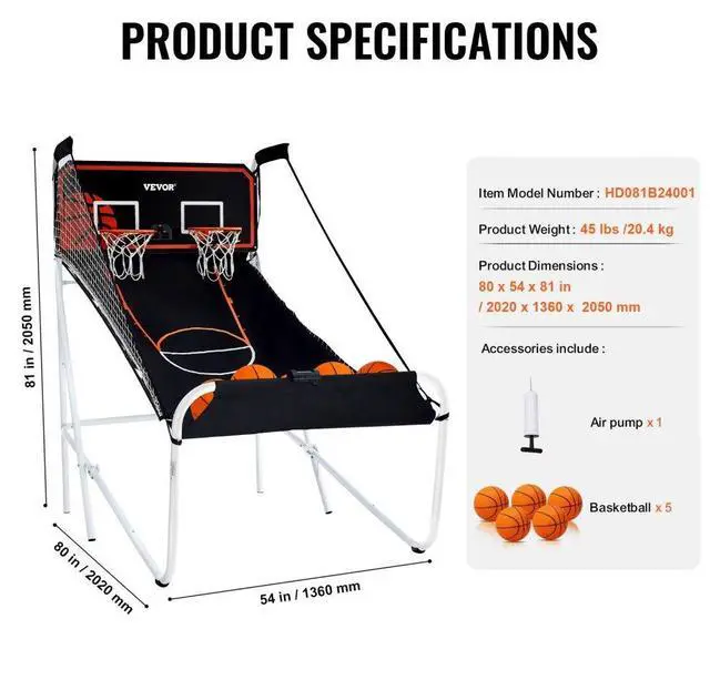 Alt view image 7 of 7 - VEVOR Foldable Basketball Arcade Game, 2 Player Indoor Basketball Game, Home Dual Shot Sport with 5 Balls, 8 Game Modes, Electronic Scoreboard, and Inflation Pump, for Kids, Adults (Black & White)