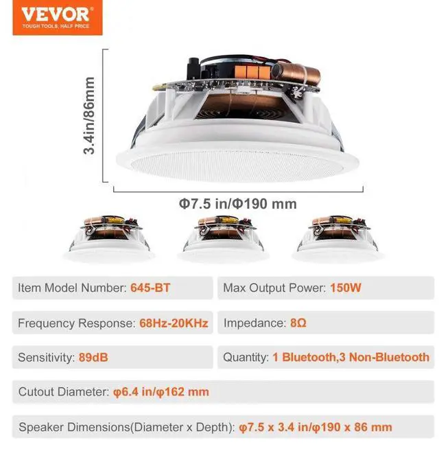 Alt view image 8 of 8 - VEVOR 4 PCs 6.5'' Bluetooth in Ceiling Speakers, 150W, Flush Mount Ceiling & in-Wall Speaker System with 8Impedance 89dB Sensitivity, for Home Kitchen Living Room Bedroom or Covered Outdoor Porches