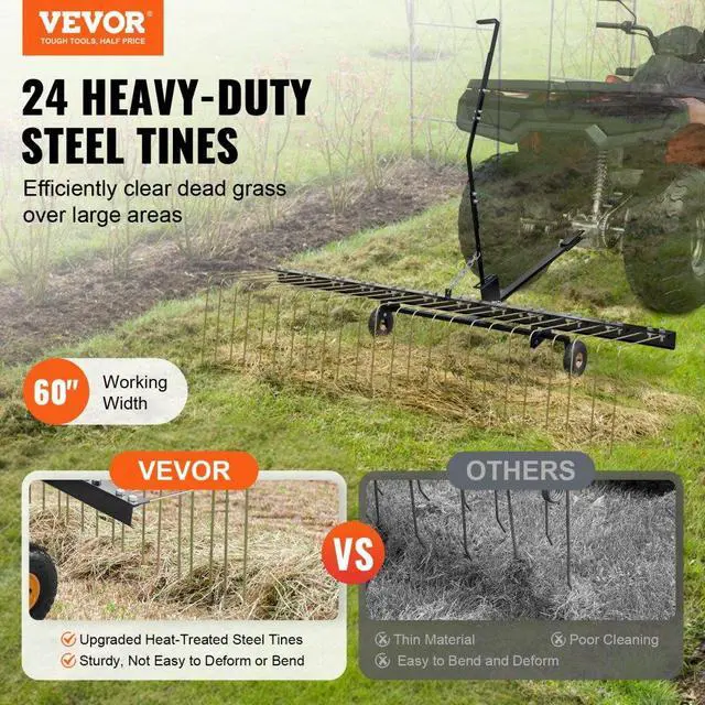 Alt view image 2 of 7 - VEVOR  Tow Behind Dethatcher, 60-inch Tow Dethatcher with 24 Steel Tines, Lawn Dethatcher Rake for ATV or Mower, Tow Behind Lawn Rake with Lift Handle for Leaves, Pine Needles, and Grass