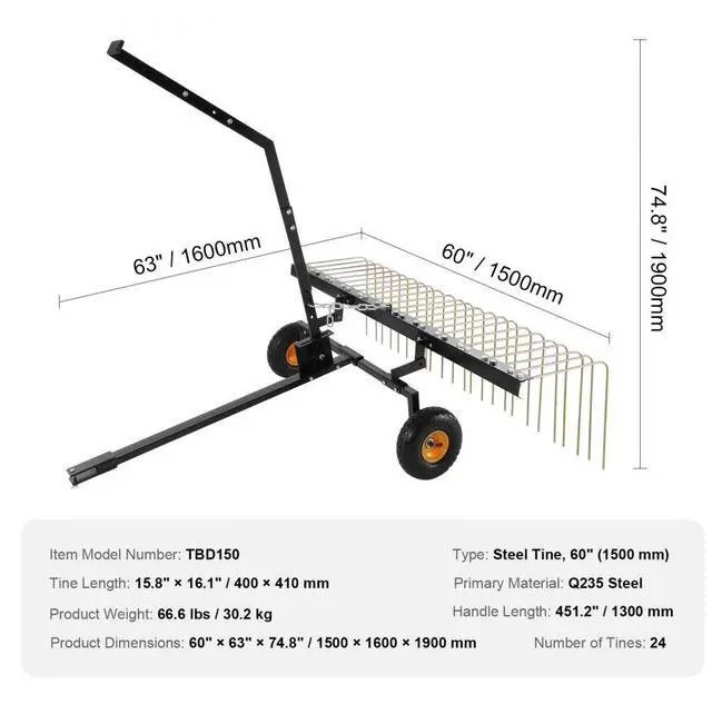 Alt view image 7 of 7 - VEVOR  Tow Behind Dethatcher, 60-inch Tow Dethatcher with 24 Steel Tines, Lawn Dethatcher Rake for ATV or Mower, Tow Behind Lawn Rake with Lift Handle for Leaves, Pine Needles, and Grass
