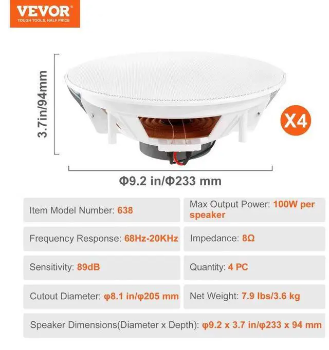 Alt view image 7 of 7 - VEVOR 4 PCs 8 Inch in Ceiling Speakers, 100-Watts, Flush Mount Ceiling & in-Wall Speakers System with 8Impedance 89dB Sensitivity, for Home Kitchen Living Room Bedroom or Covered Outdoor Porches