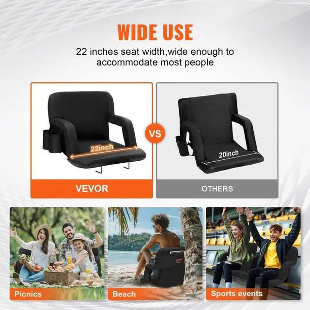 Alt view image 6 of 7 - VEVOR Stadium Seat with Back Support, Wide Bleacher Seat Backs, Folding Padded Cushion Stadium Chair, Portable Reclining Chairs with Hook Pocket Cupholder, Ideal for Sport Event Beach Concert (2 Set)
