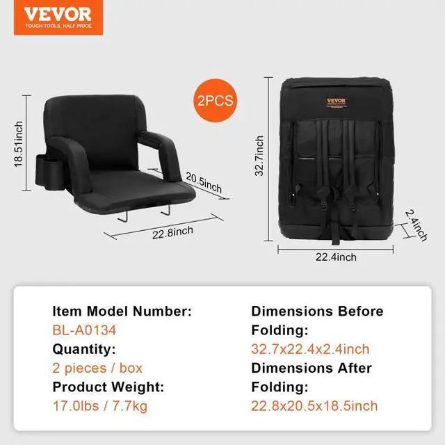 Alt view image 7 of 7 - VEVOR Stadium Seat with Back Support, Wide Bleacher Seat Backs, Folding Padded Cushion Stadium Chair, Portable Reclining Chairs with Hook Pocket Cupholder, Ideal for Sport Event Beach Concert (2 Set)