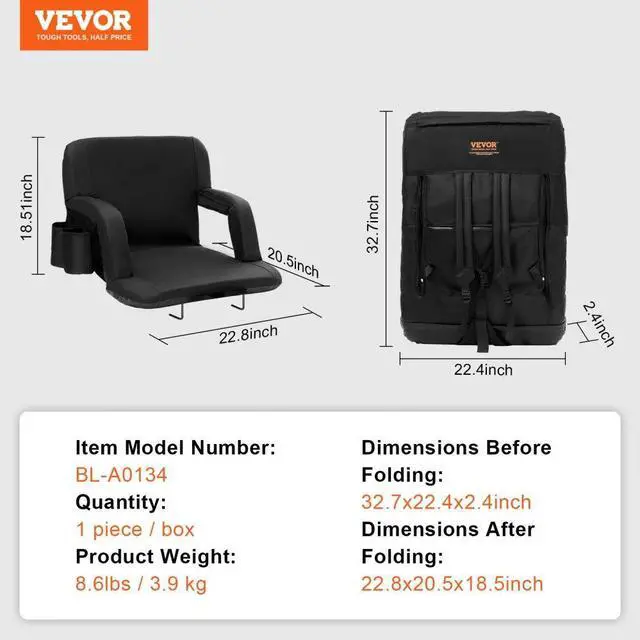 Alt view image 7 of 7 - VEVOR Stadium Seat with Back Support, Wide Bleacher Seat Back, Folding Padded Cushion Stadium Chair, Portable Reclining Chair with Hook Pocket Cupholder, Ideal for Sport Event Beach Camping Concert
