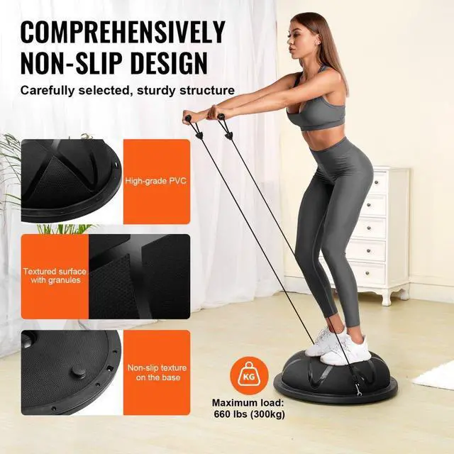 Alt view image 4 of 7 - VEVOR Half Exercise Ball Trainer, 23 inch Balance Ball Trainer, 660 lbs Capacity Stability Ball, Yoga Ball with Resistance Bands and Pump, Strength Fitness Ball for Home Gym, Full Body Workouts, Black