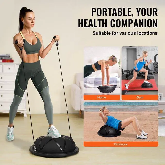 Alt view image 6 of 7 - VEVOR Half Exercise Ball Trainer, 23 inch Balance Ball Trainer, 660 lbs Capacity Stability Ball, Yoga Ball with Resistance Bands and Pump, Strength Fitness Ball for Home Gym, Full Body Workouts, Black