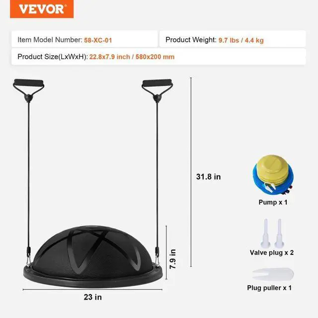 Alt view image 7 of 7 - VEVOR Half Exercise Ball Trainer, 23 inch Balance Ball Trainer, 660 lbs Capacity Stability Ball, Yoga Ball with Resistance Bands and Pump, Strength Fitness Ball for Home Gym, Full Body Workouts, Black