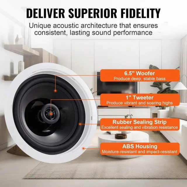 Alt view image 4 of 8 - VEVOR 2 PCs 6.5'' Bluetooth in Ceiling Speakers, 150W, Flush Mount Ceiling & in-Wall Speaker System with 8Impedance 89dB Sensitivity, for Home Kitchen Living Room Bedroom or Covered Outdoor Porches