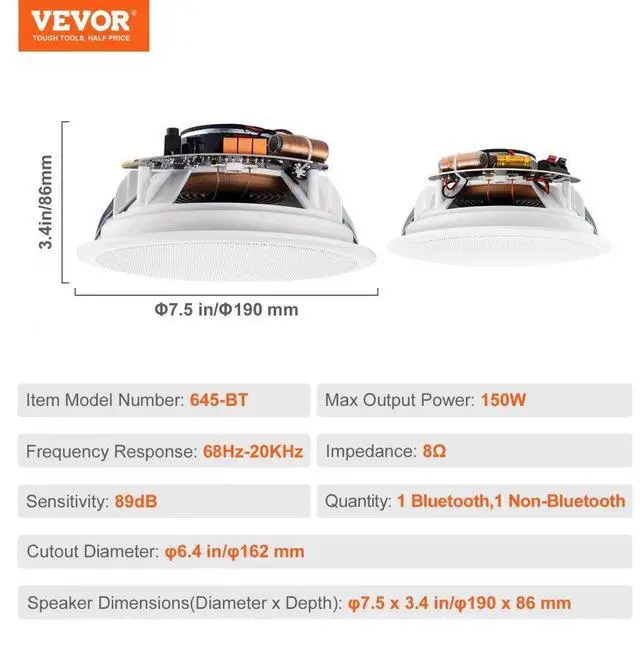 Alt view image 7 of 8 - VEVOR 2 PCs 6.5'' Bluetooth in Ceiling Speakers, 150W, Flush Mount Ceiling & in-Wall Speaker System with 8Impedance 89dB Sensitivity, for Home Kitchen Living Room Bedroom or Covered Outdoor Porches