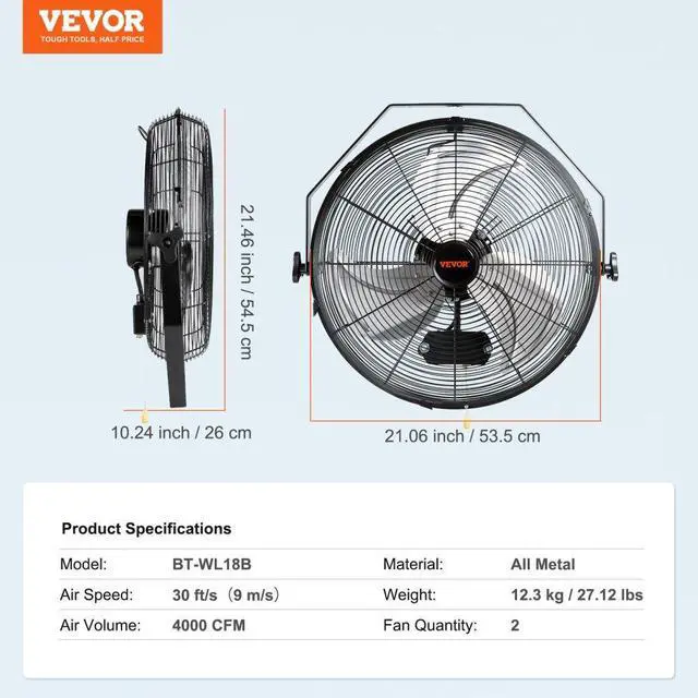 Alt view image 7 of 7 - VEVOR  Wall Mount Fan, 2 PCS 18 inch Waterproof, 3-speed High Velocity Max. 4000 CFM Industrial Wall Fan for Indoor, Commercial, Residential, Warehouse, Greenhouse, Workshop, Basement, Garage,Black
