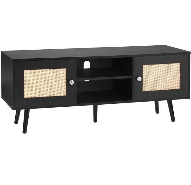 Main image of VEVOR Rattan TV Stand, Boho TV Cabinet for 55 inch TV, Mid Century Modern TV Stand, Rattan TV Console with Adjustable Shelfs for  Living Room, Media Room, Black