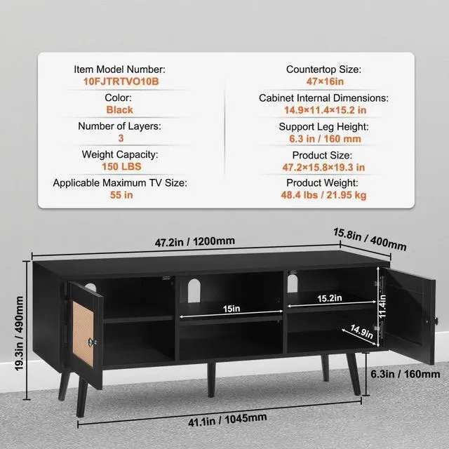 Alt view image 7 of 7 - VEVOR Rattan TV Stand, Boho TV Cabinet for 55 inch TV, Mid Century Modern TV Stand, Rattan TV Console with Adjustable Shelfs for  Living Room, Media Room, Black