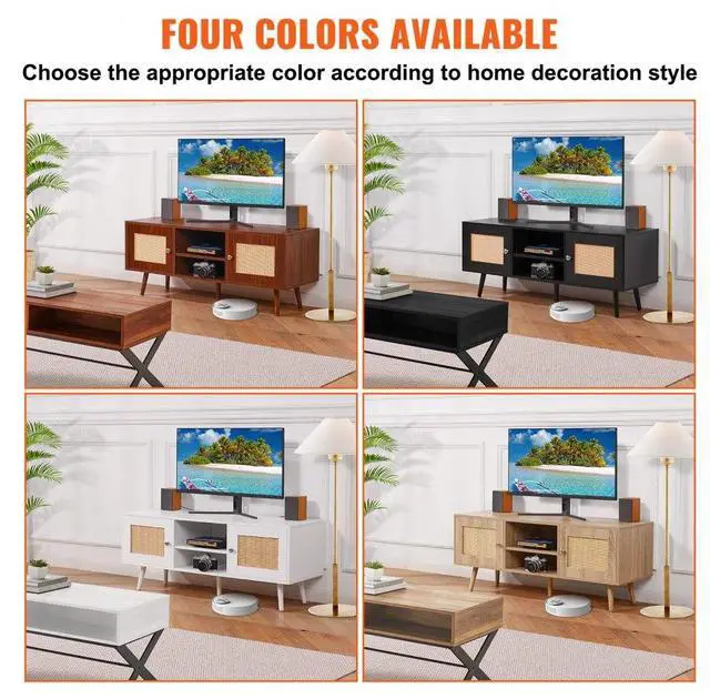 Alt view image 6 of 7 - VEVOR Rattan TV Stand, Boho TV Cabinet for 55 inch TV, Mid Century Modern TV Stand, Rattan TV Console with Adjustable Shelfs for  Living Room, Media Room, Black