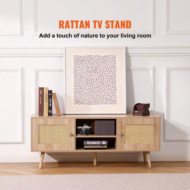 Alt view image 2 of 7 - VEVOR Rattan TV Stand, Boho TV Cabinet for 55 inch TV, Mid Century Modern TV Stand, Rattan TV Console with Adjustable Shelfs for  Living Room, Media Room, Oak