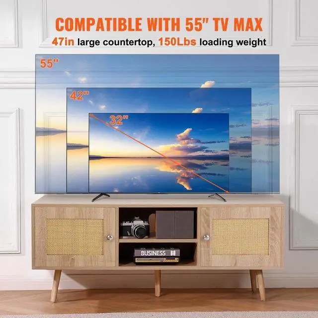 Alt view image 3 of 7 - VEVOR Rattan TV Stand, Boho TV Cabinet for 55 inch TV, Mid Century Modern TV Stand, Rattan TV Console with Adjustable Shelfs for  Living Room, Media Room, Oak