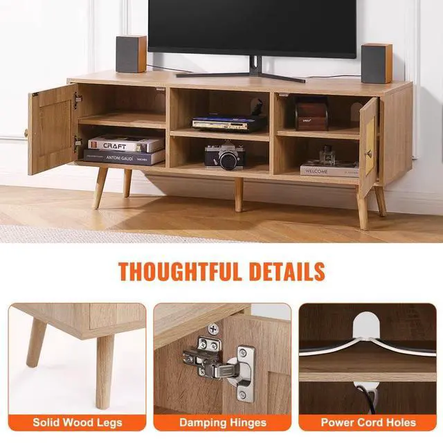 Alt view image 5 of 7 - VEVOR Rattan TV Stand, Boho TV Cabinet for 55 inch TV, Mid Century Modern TV Stand, Rattan TV Console with Adjustable Shelfs for  Living Room, Media Room, Oak