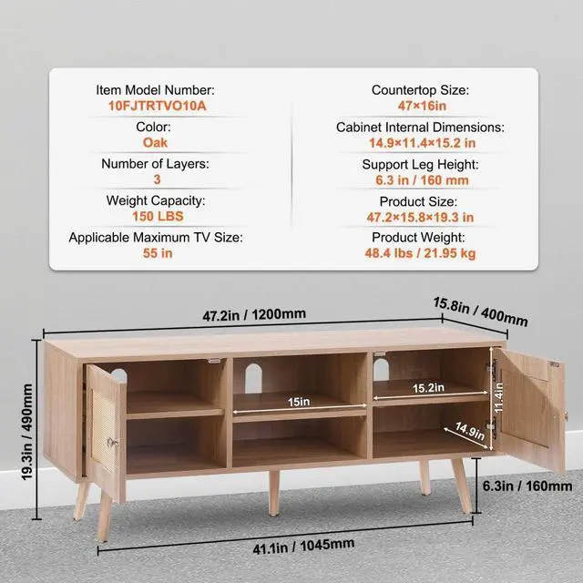 Alt view image 7 of 7 - VEVOR Rattan TV Stand, Boho TV Cabinet for 55 inch TV, Mid Century Modern TV Stand, Rattan TV Console with Adjustable Shelfs for  Living Room, Media Room, Oak