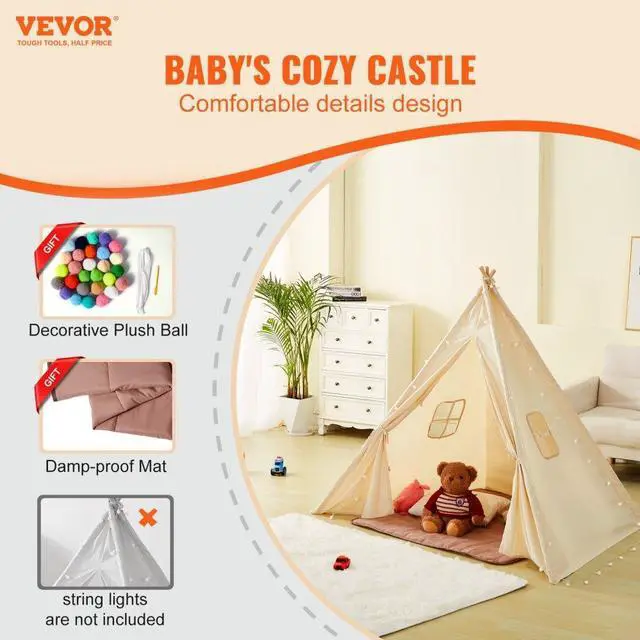 Alt view image 2 of 7 - VEVOR Kids Play Tent, Teepee Tent for Kids 1-5 Years Old, Tent for Kids with Windows for Indoor and Outdoor, Toddler Tent with Mat and Plush Decorative Balls, for Boys and Girls, Beige