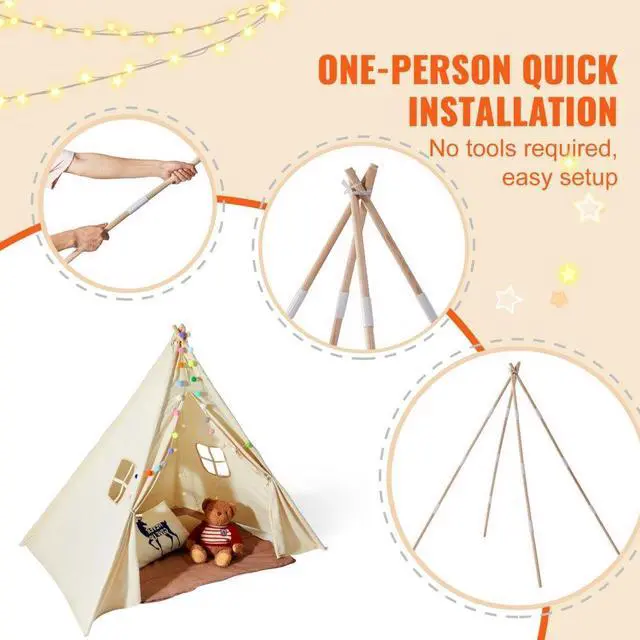 Alt view image 5 of 7 - VEVOR Kids Play Tent, Teepee Tent for Kids 1-5 Years Old, Tent for Kids with Windows for Indoor and Outdoor, Toddler Tent with Mat and Plush Decorative Balls, for Boys and Girls, Beige