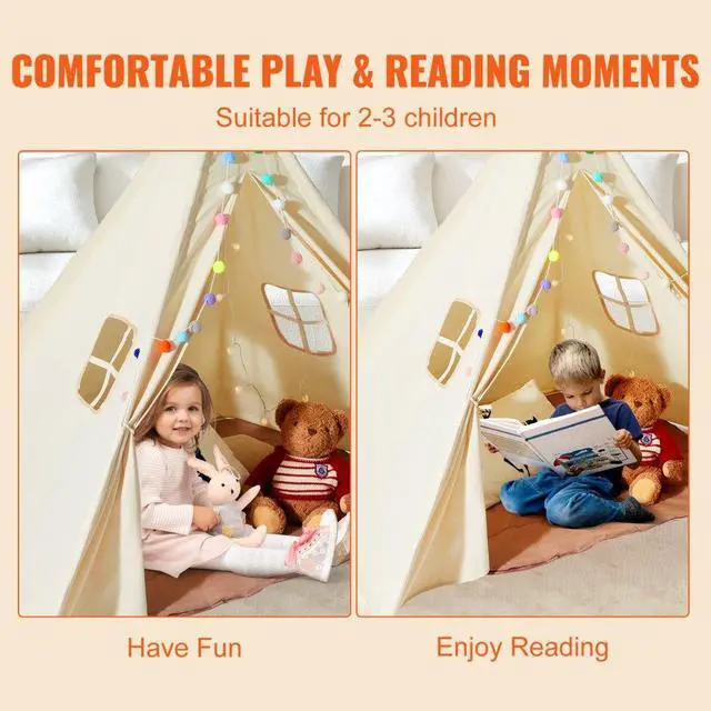 Alt view image 6 of 7 - VEVOR Kids Play Tent, Teepee Tent for Kids 1-5 Years Old, Tent for Kids with Windows for Indoor and Outdoor, Toddler Tent with Mat and Plush Decorative Balls, for Boys and Girls, Beige