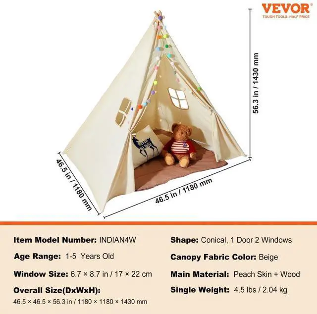 Alt view image 7 of 7 - VEVOR Kids Play Tent, Teepee Tent for Kids 1-5 Years Old, Tent for Kids with Windows for Indoor and Outdoor, Toddler Tent with Mat and Plush Decorative Balls, for Boys and Girls, Beige