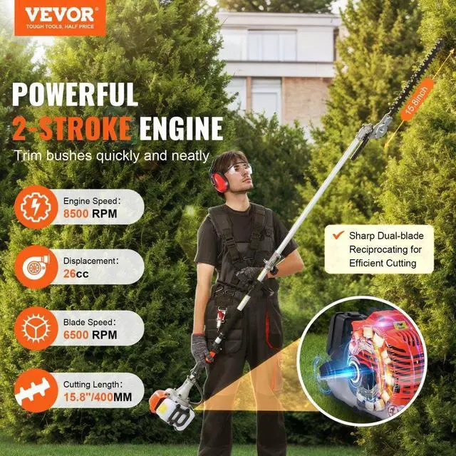 Alt view image 2 of 7 - VEVOR 15.7-inch 26CC 2 Cycle Gas Hedge Trimmer, Gas Powered Pole Hedge Trimmer with Dual Sided Dual Action Blade, 270° Adjustable Trimmer Head, Suitable for Trimming Shrubs, Bushes