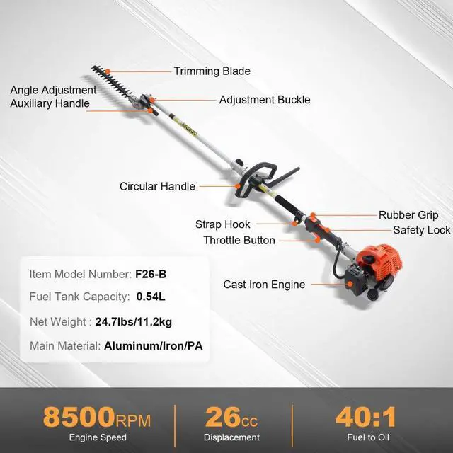 Alt view image 7 of 7 - VEVOR 15.7-inch 26CC 2 Cycle Gas Hedge Trimmer, Gas Powered Pole Hedge Trimmer with Dual Sided Dual Action Blade, 270° Adjustable Trimmer Head, Suitable for Trimming Shrubs, Bushes