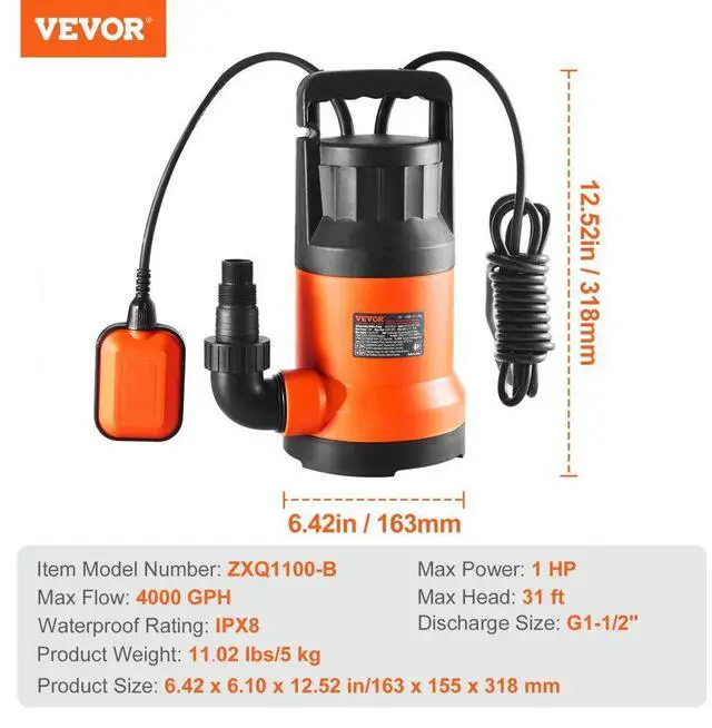 Alt view image 7 of 7 - VEVOR Submersible Utility Pump Sump Pump 1 HP 4000 GPH 31 ft Head Water Pump
