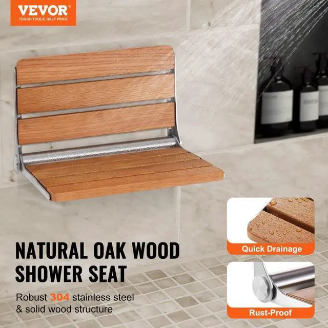 Alt view image 2 of 14 - VEVOR Folding Oak Shower Seat, 16.1" x 13.4" Unfolded, Wall Mounted Fold Up Shower Bench with 440 lbs Load Capacity, Space Saving Home Care Fold Down Shower Chair, for Seniors Pregnant Women Children