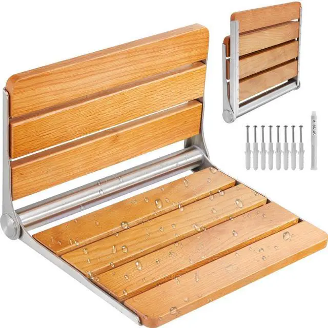 Main image of VEVOR Folding Oak Shower Seat, 16.1" x 13.4" Unfolded, Wall Mounted Fold Up Shower Bench with 440 lbs Load Capacity, Space Saving Home Care Fold Down Shower Chair, for Seniors Pregnant Women Children